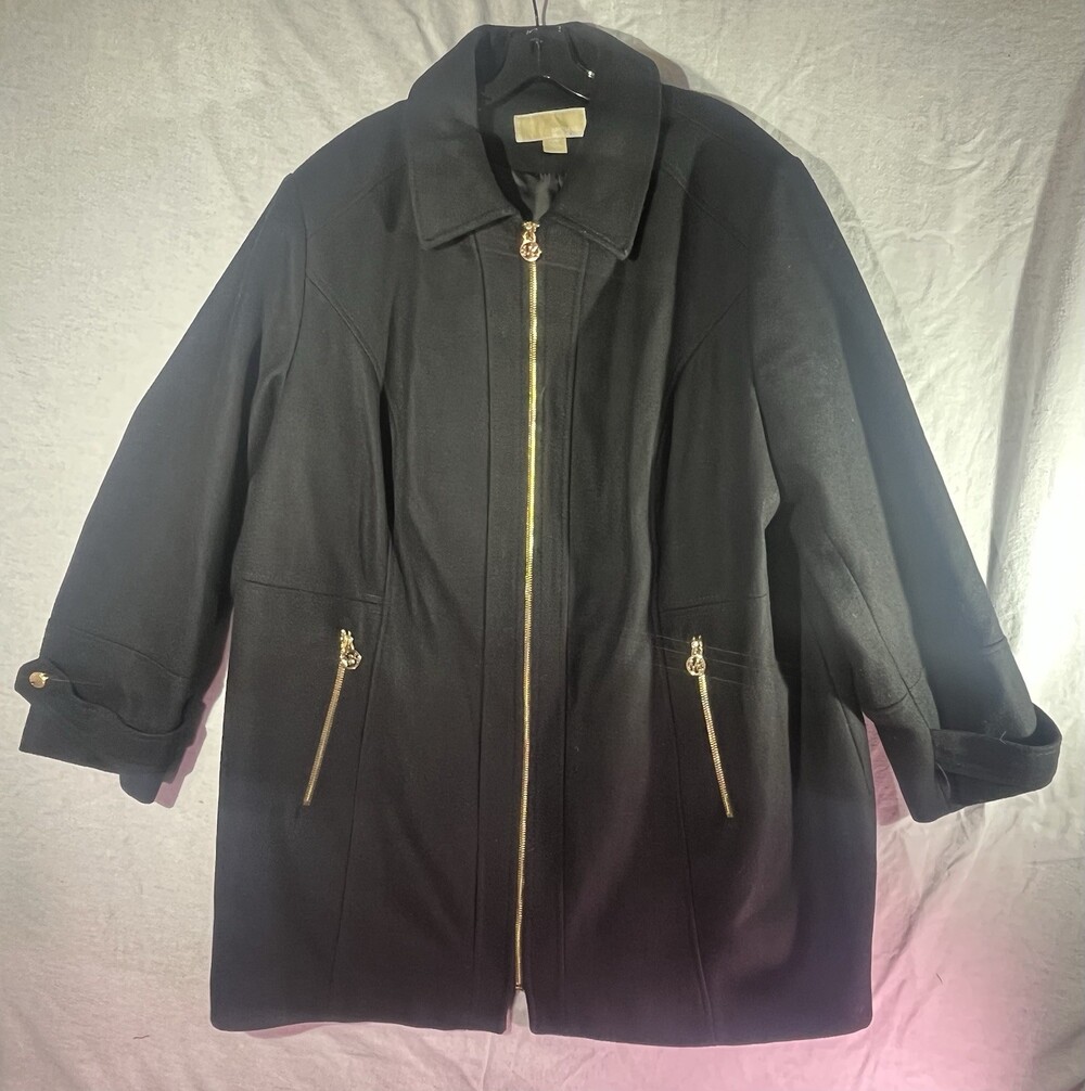 Michael Kors Women’s Plus Size Wool Blend Club Collar Front Zip Coat Black 22W